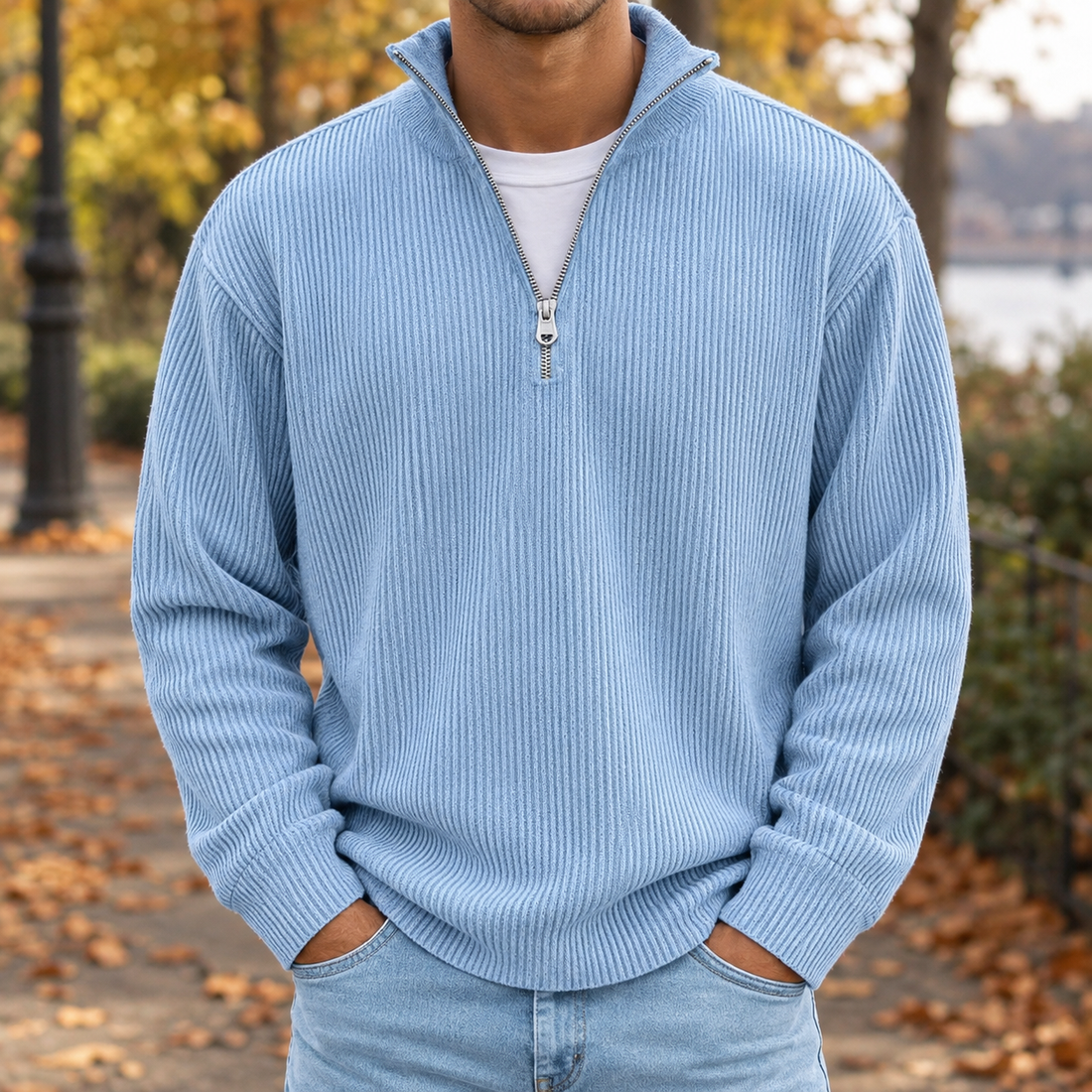 Celestin Ribbed Zip Sweater - Sky Blue