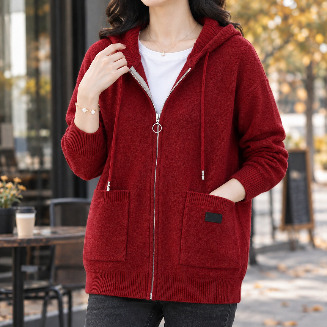 Elettra Hooded Zip Sweater - Wine Red