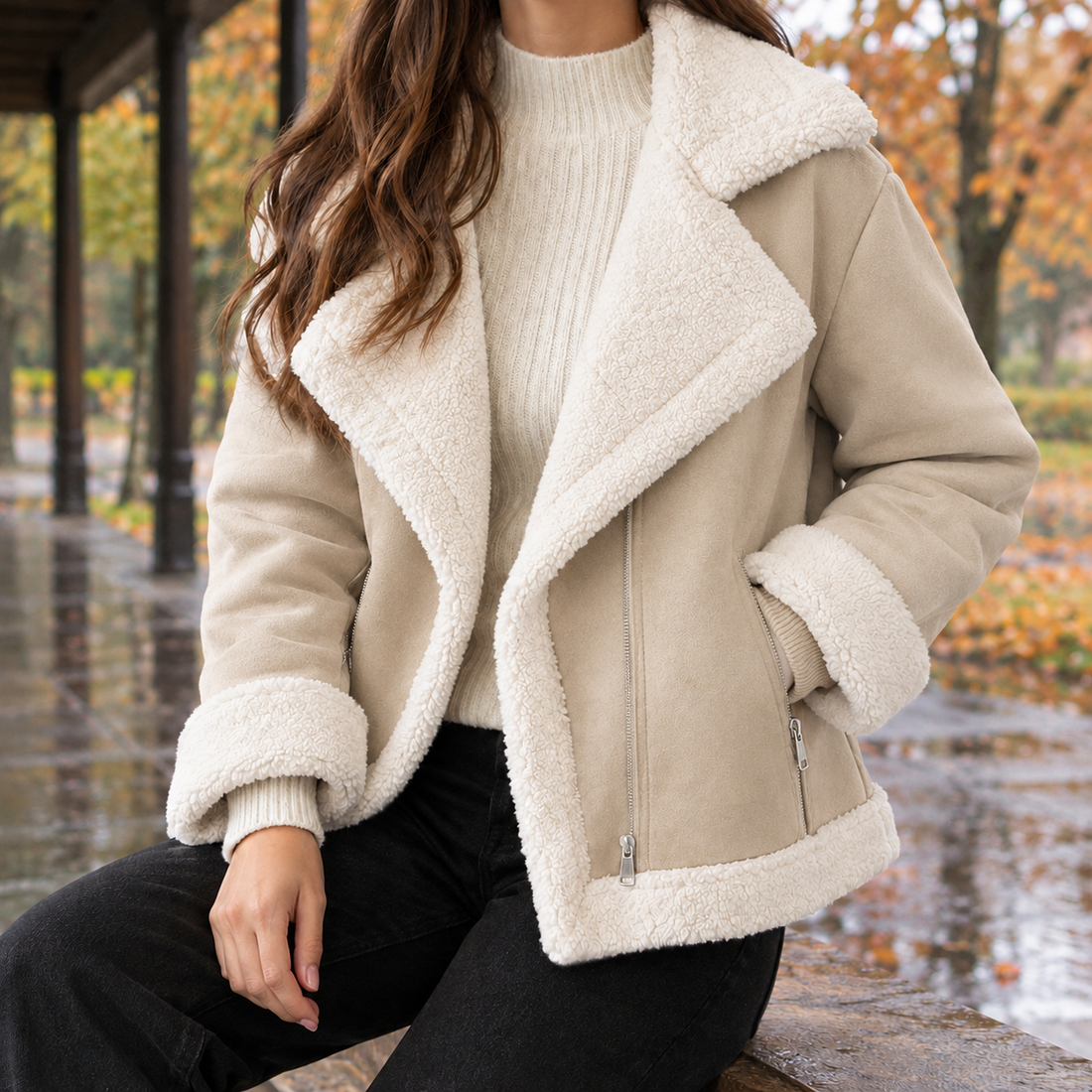 Lara Suede Biker Jacket - Beige