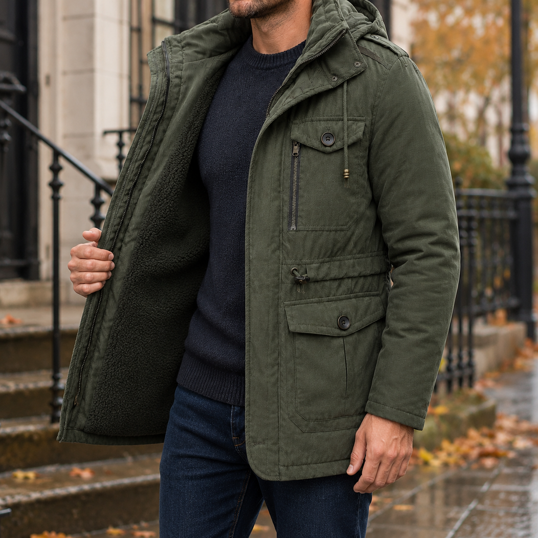 Gustave Hooded Utility Jacket - Army Green
