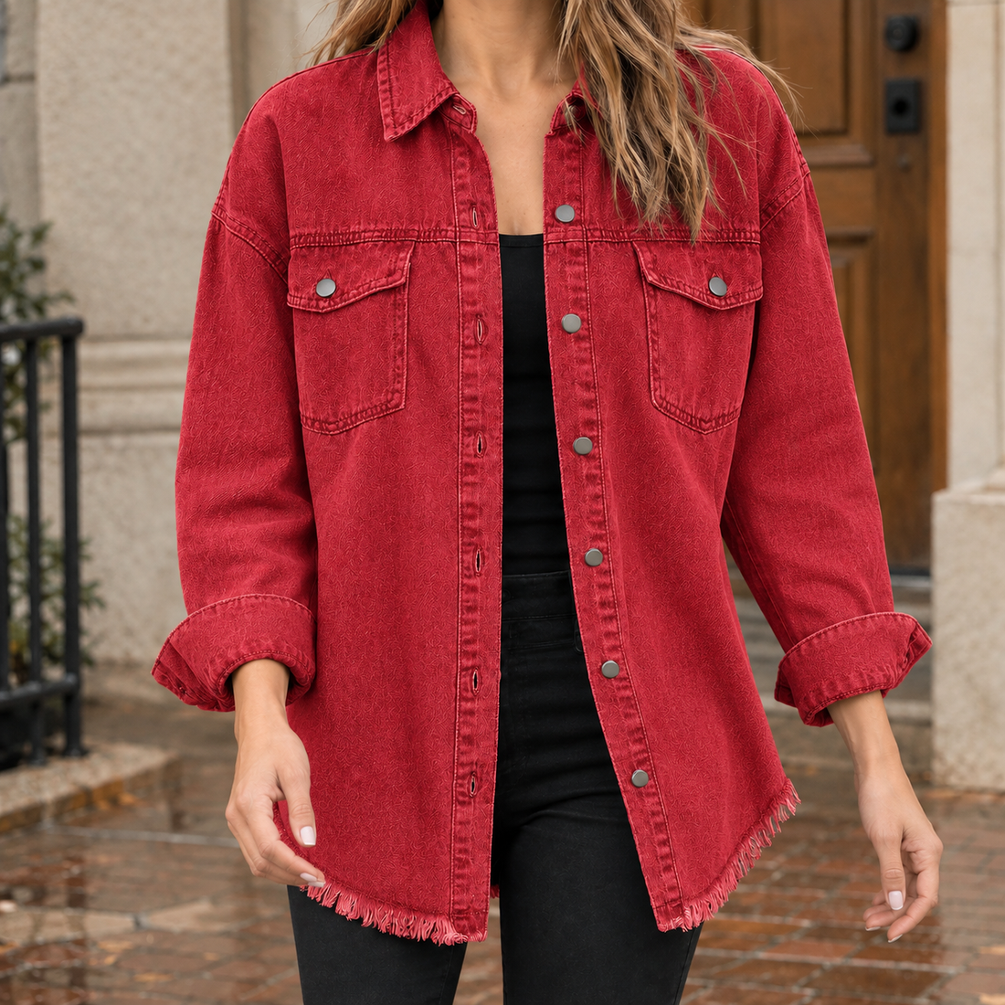 Odalys Frayed Denim Overshirt - Red