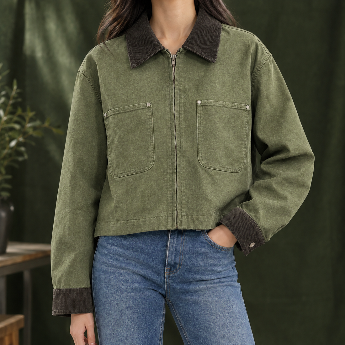 Kasimir Corduroy Collar Jacket - Olive Green