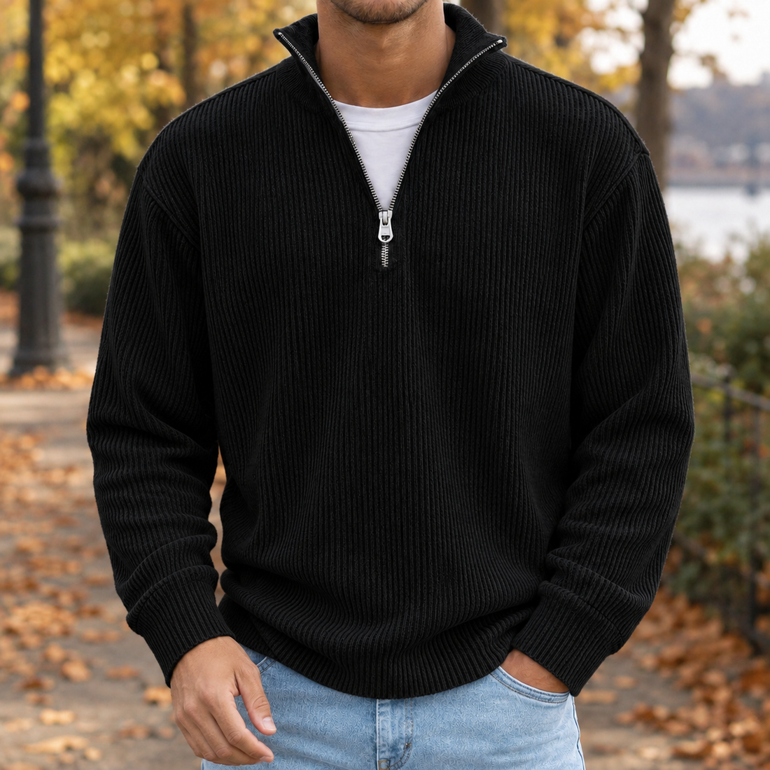 Celestin Ribbed Zip Sweater - Black