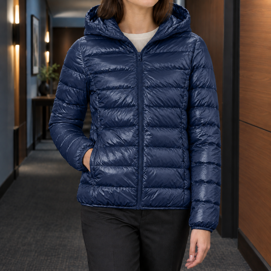 Blanche Hooded Down Jacket - Navy Blue