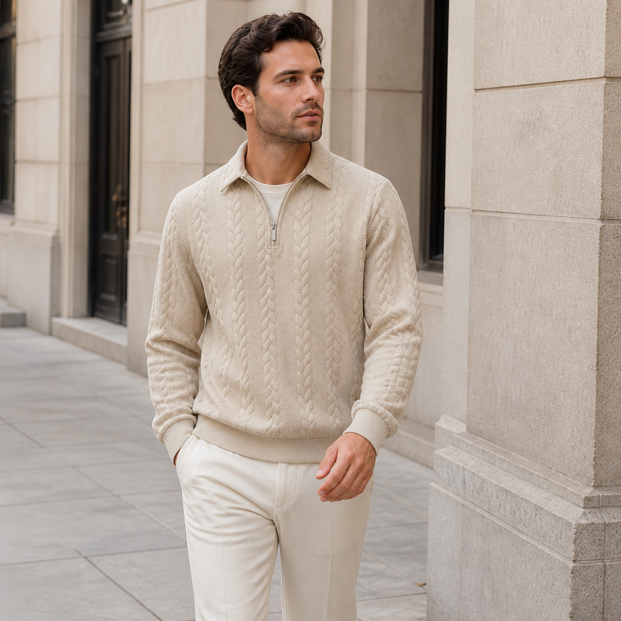 Linen cable knit half zip sweater worn outdoors in a walking lifestyle pose.