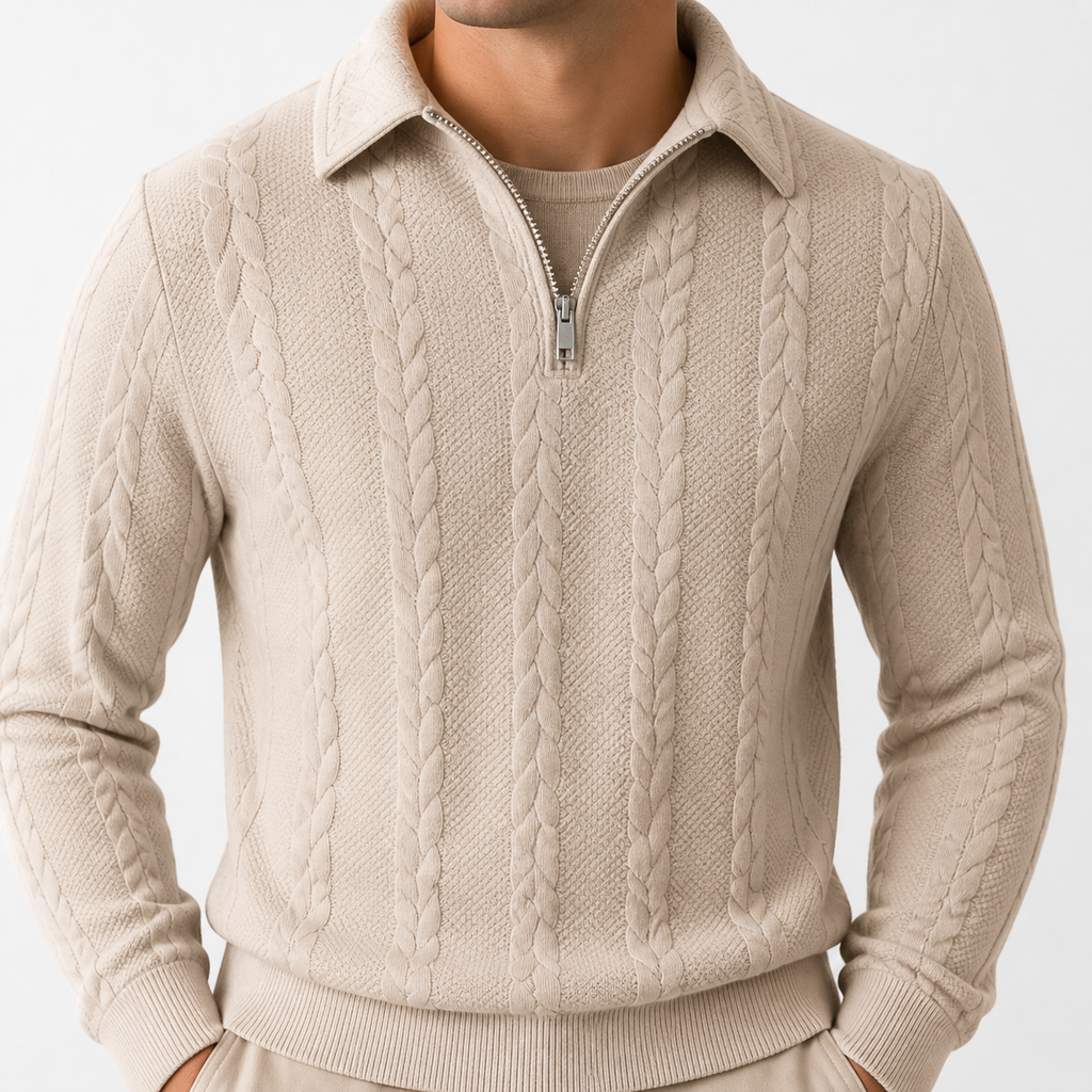 Close-up of the linen cable knit half zip sweater collar, zipper and textured knit.