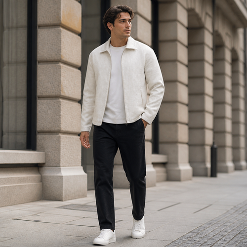 Beige textured weave lapel jacket worn outdoors in a walking lifestyle pose.