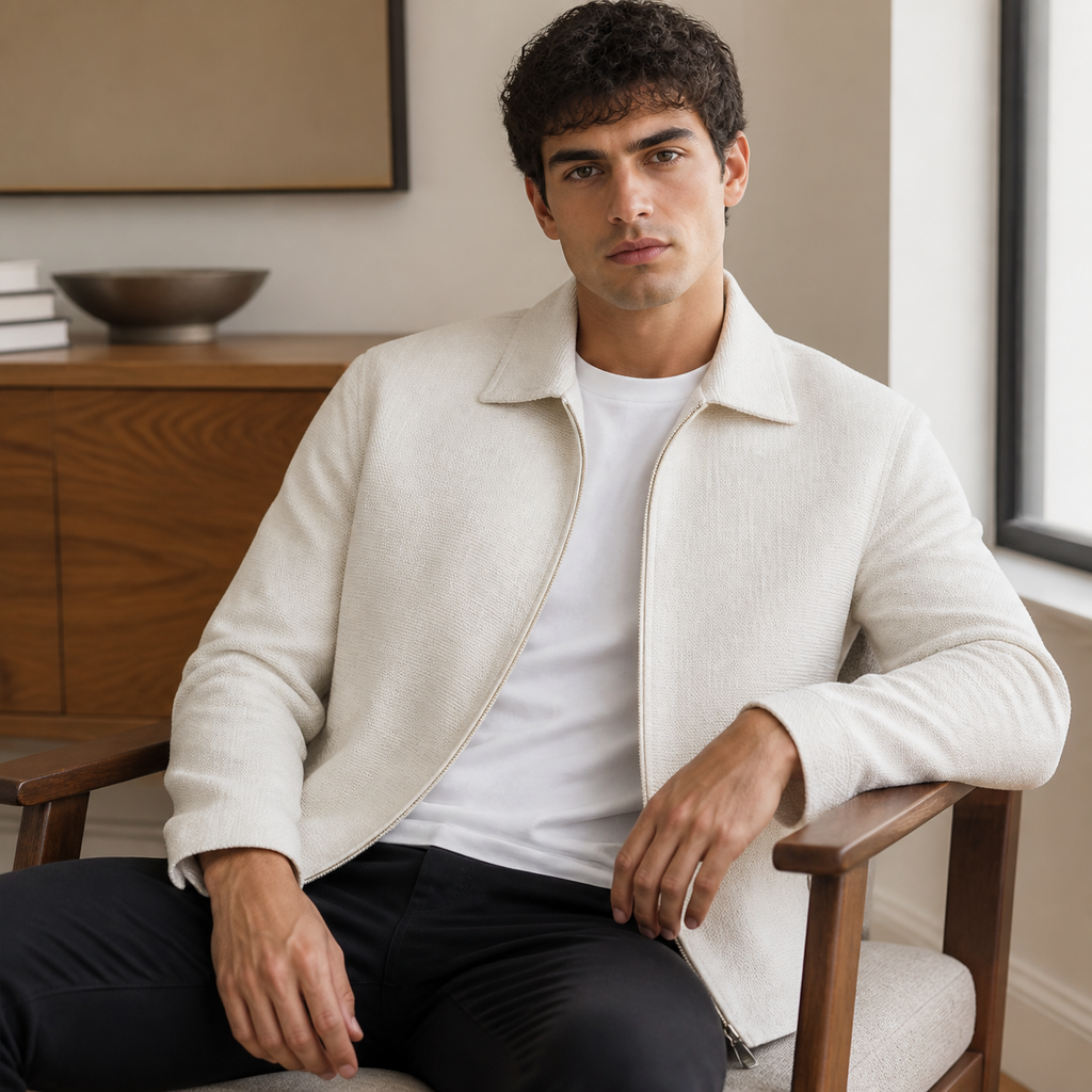 Beige textured weave lapel jacket worn seated indoors in a relaxed lifestyle pose.