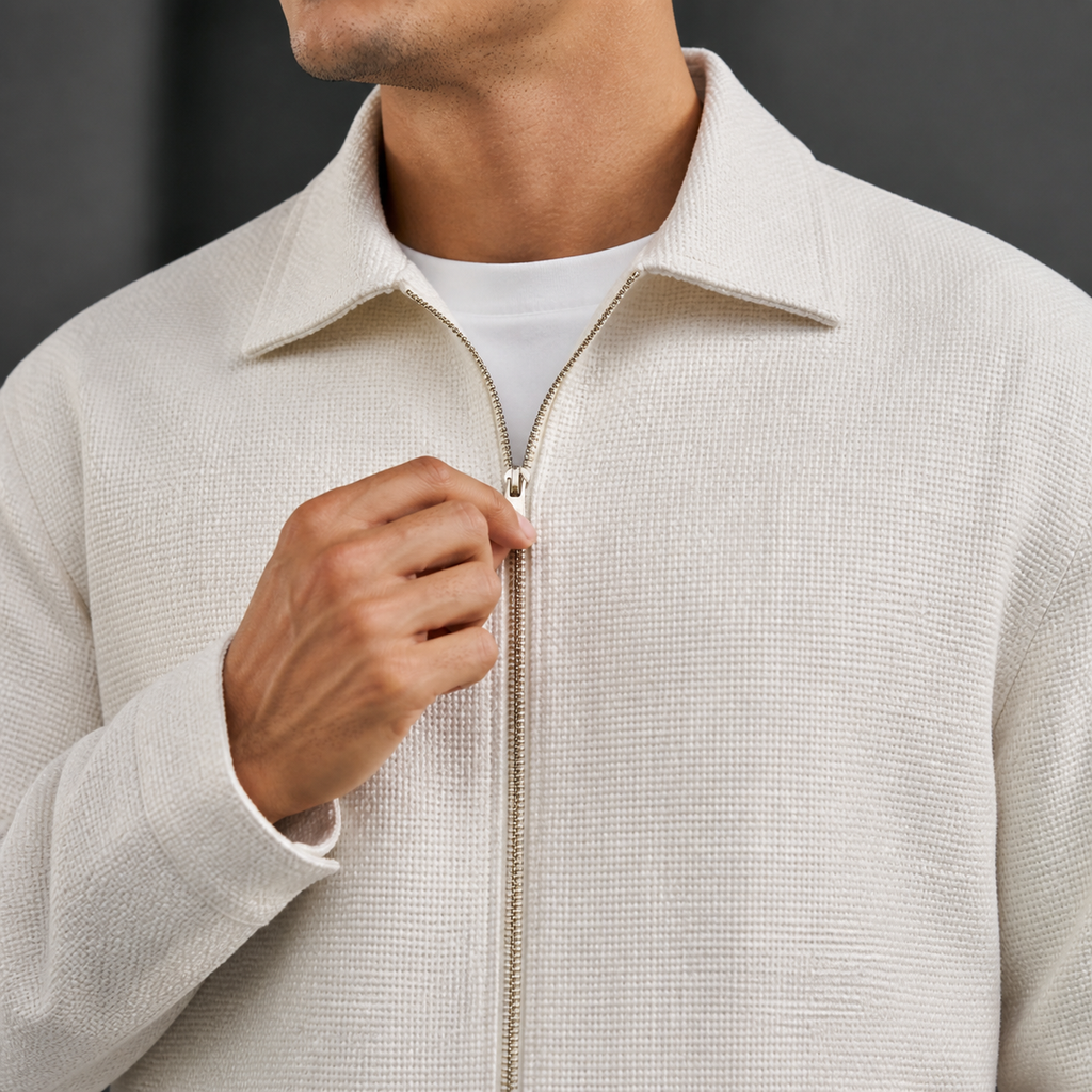 Close-up of the beige lapel jacket collar, zipper and textured weave.