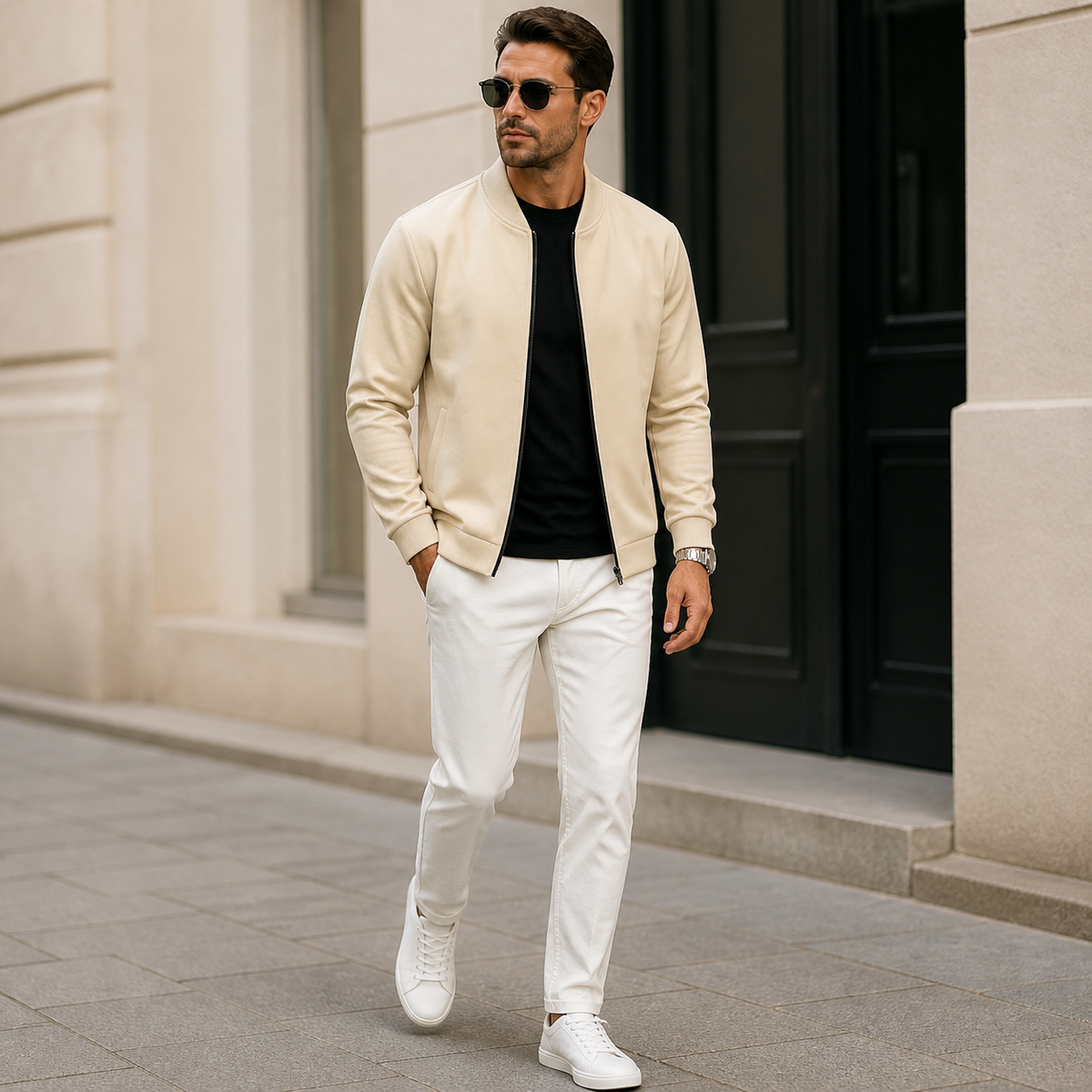 Khaki lightweight bomber jacket worn outdoors in a walking lifestyle pose.