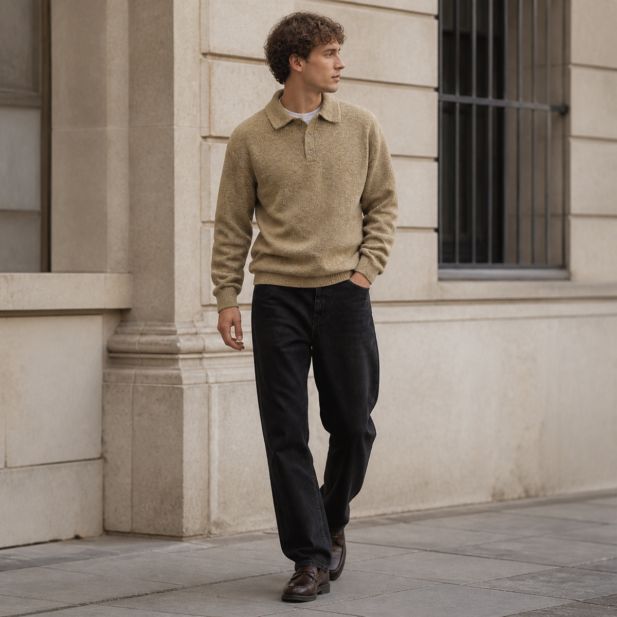 Yellow brown textured polo collar sweater worn outdoors in a walking lifestyle pose.
