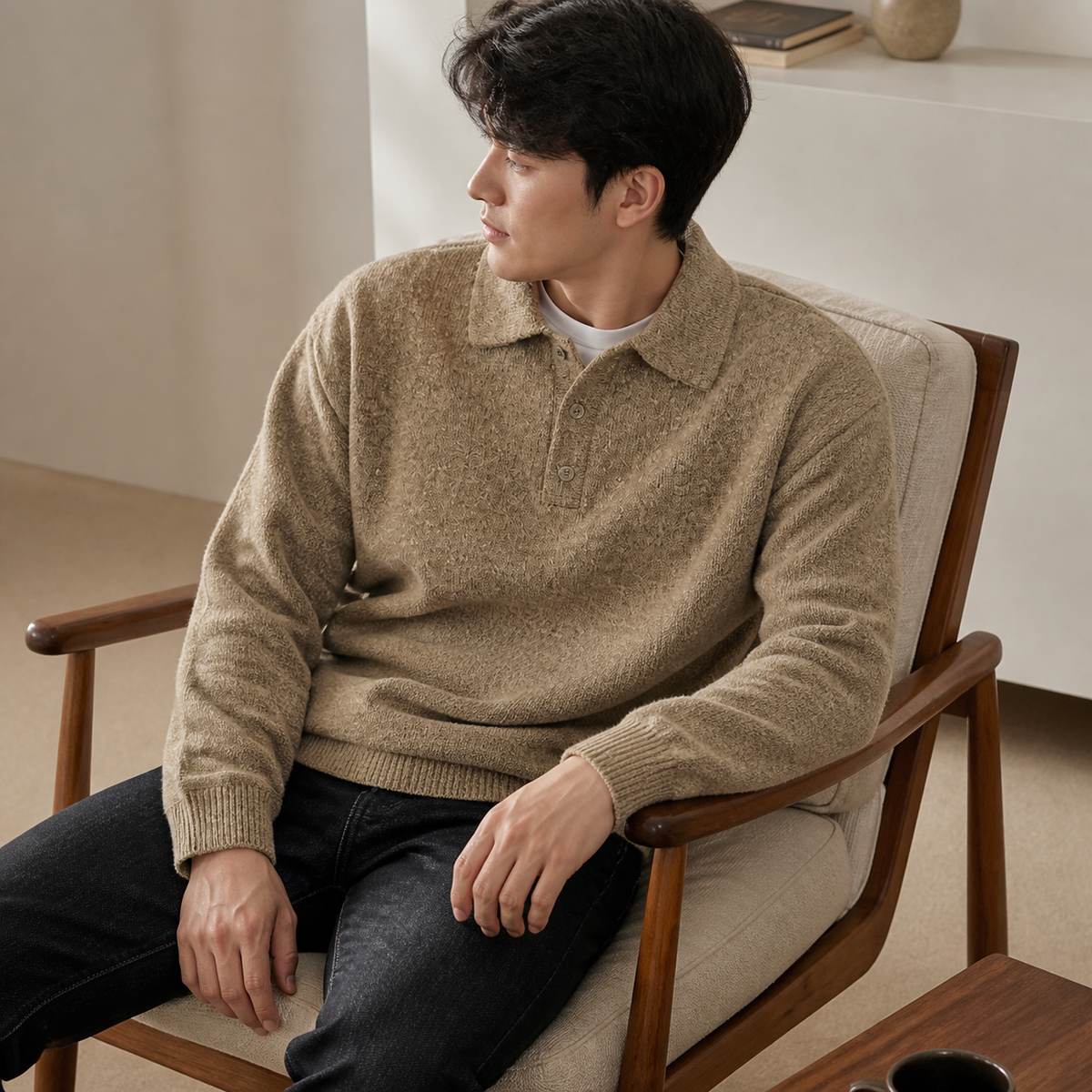 Yellow brown textured polo collar sweater worn seated indoors in a relaxed lifestyle pose.