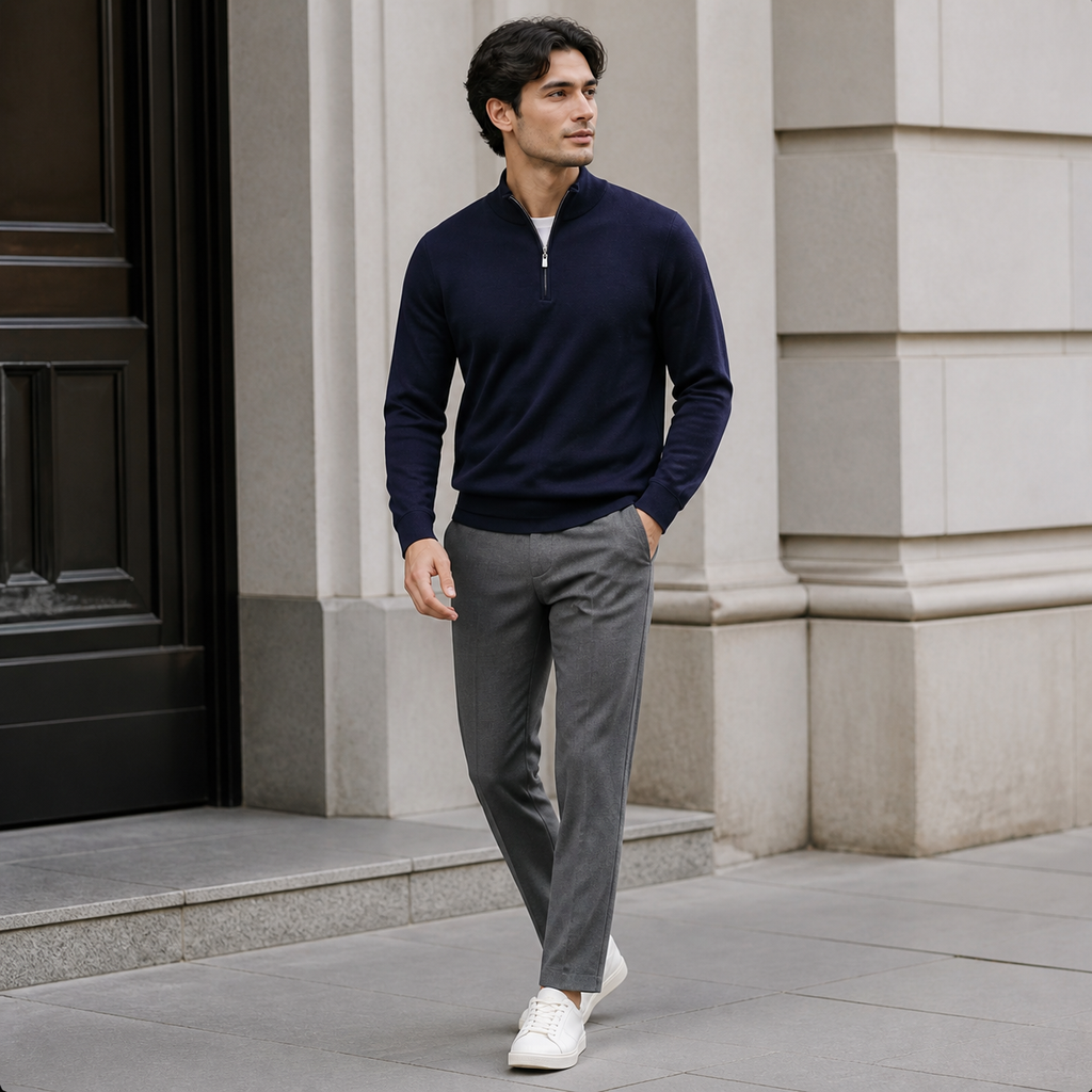 Navy business casual quarter zip sweater worn outdoors in a walking lifestyle pose.