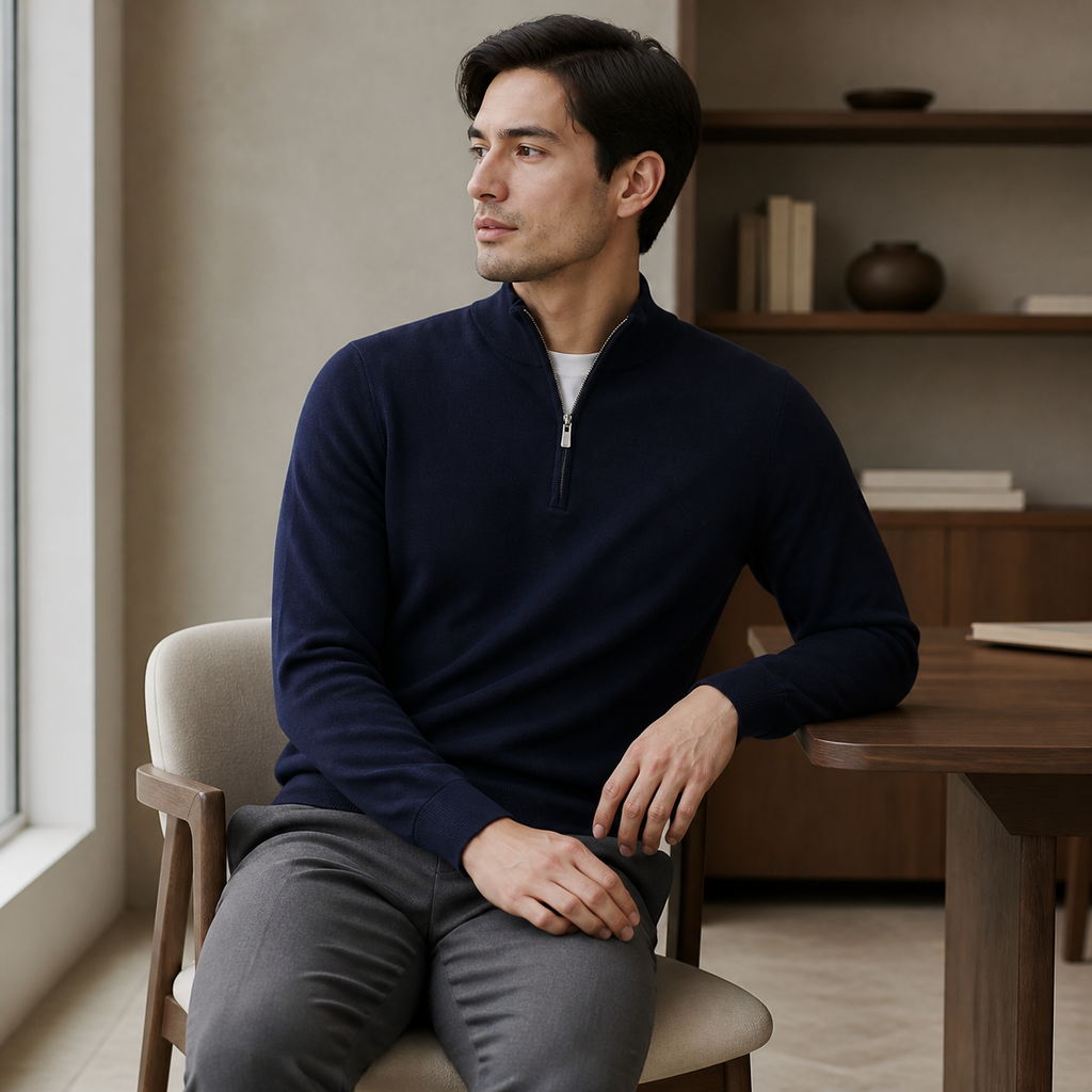 Navy business casual quarter zip sweater worn seated indoors in a relaxed lifestyle pose.
