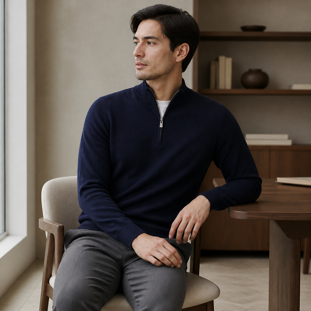 Navy business casual quarter zip sweater worn seated indoors in a relaxed lifestyle pose.