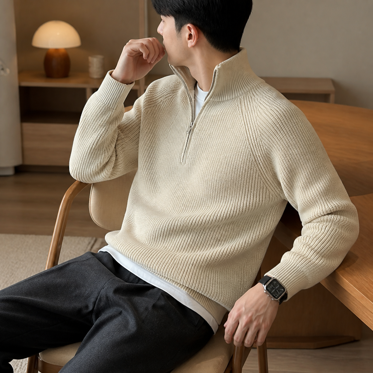 Beige thick ribbed quarter zip sweater worn seated indoors in a relaxed lifestyle pose.