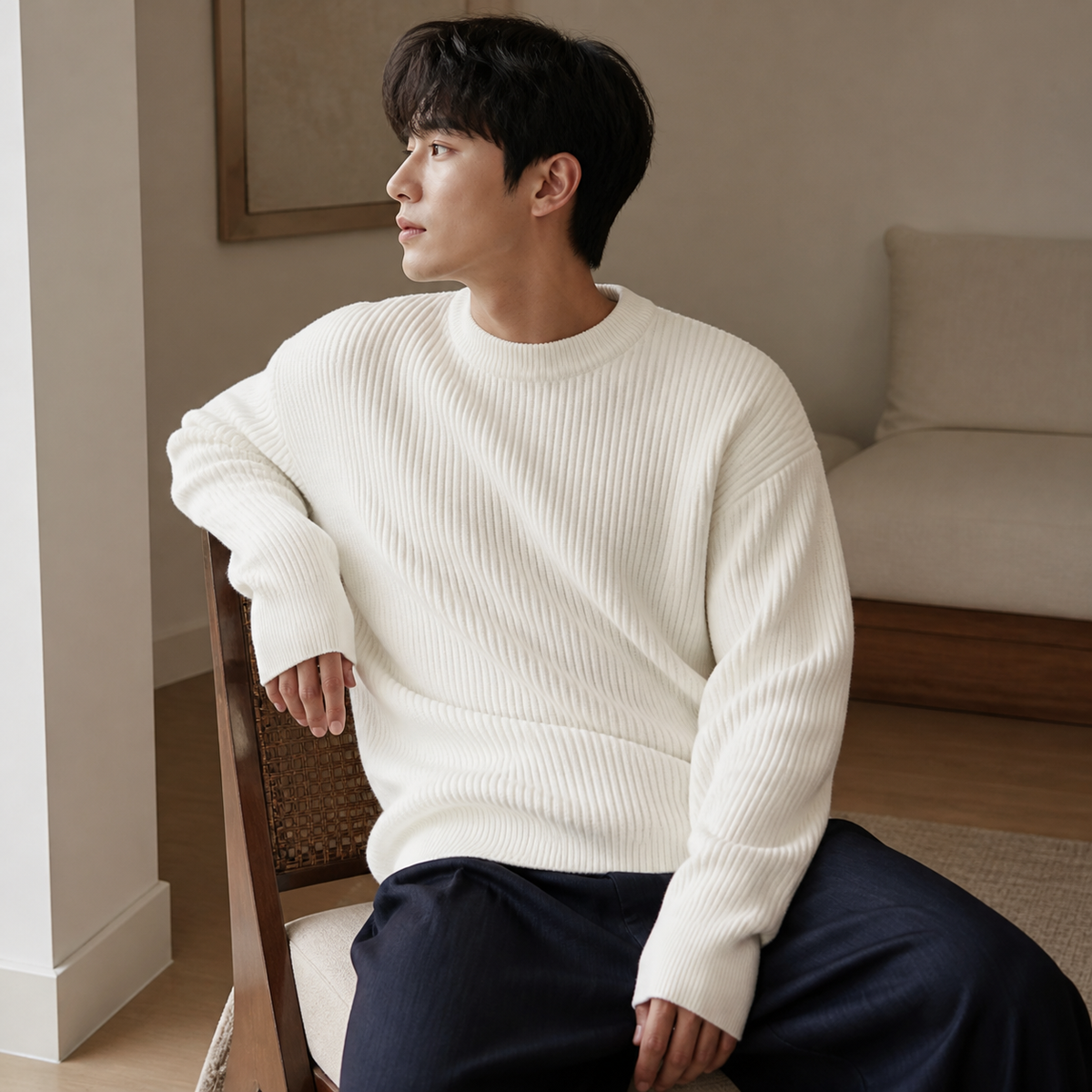 Ivory white ribbed crew neck sweater worn seated indoors in a relaxed lifestyle pose.