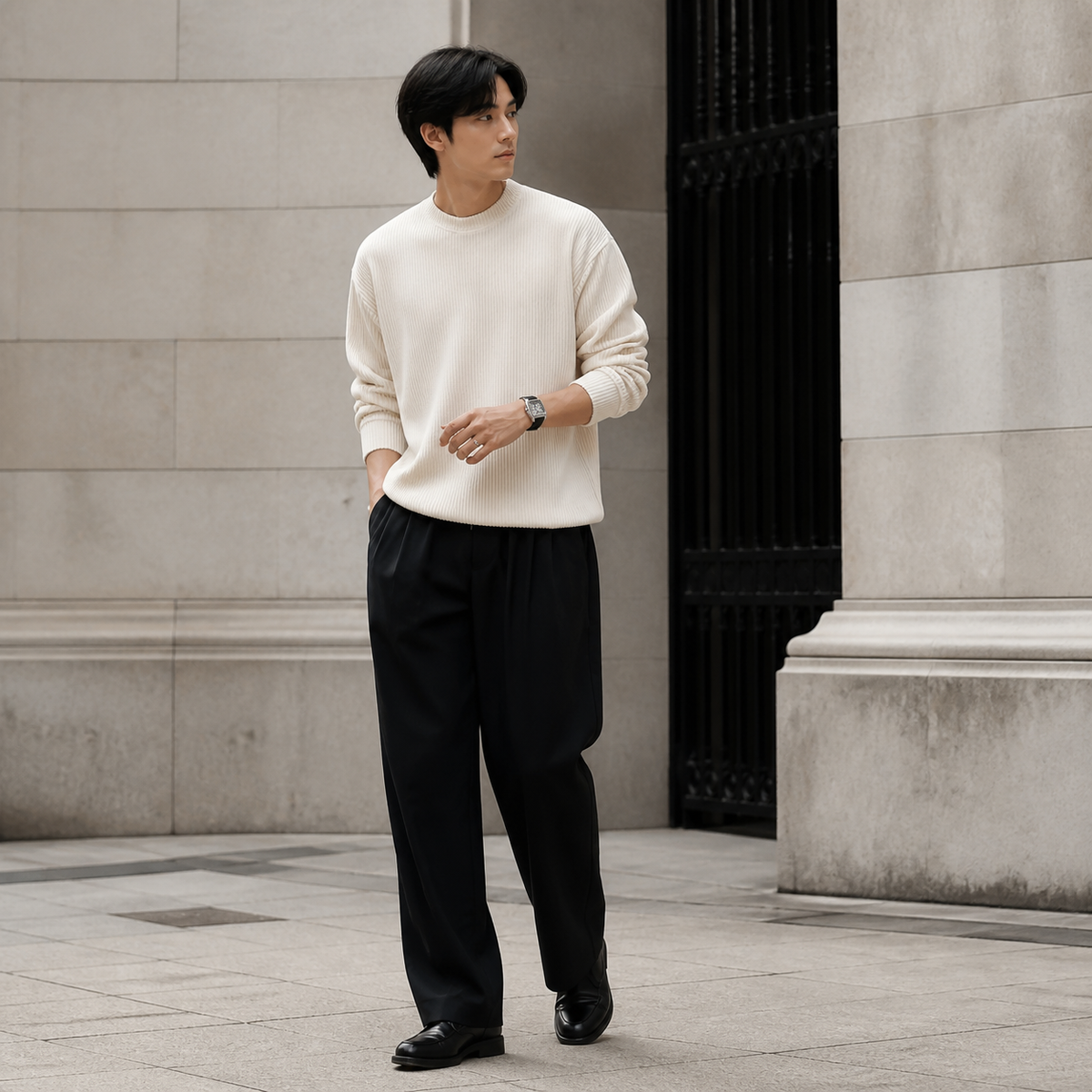 Ivory white structured ribbed crew neck sweater worn outdoors in a walking lifestyle pose.