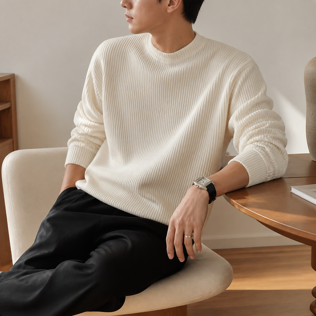 Ivory white structured ribbed crew neck sweater worn seated indoors in a relaxed lifestyle pose.