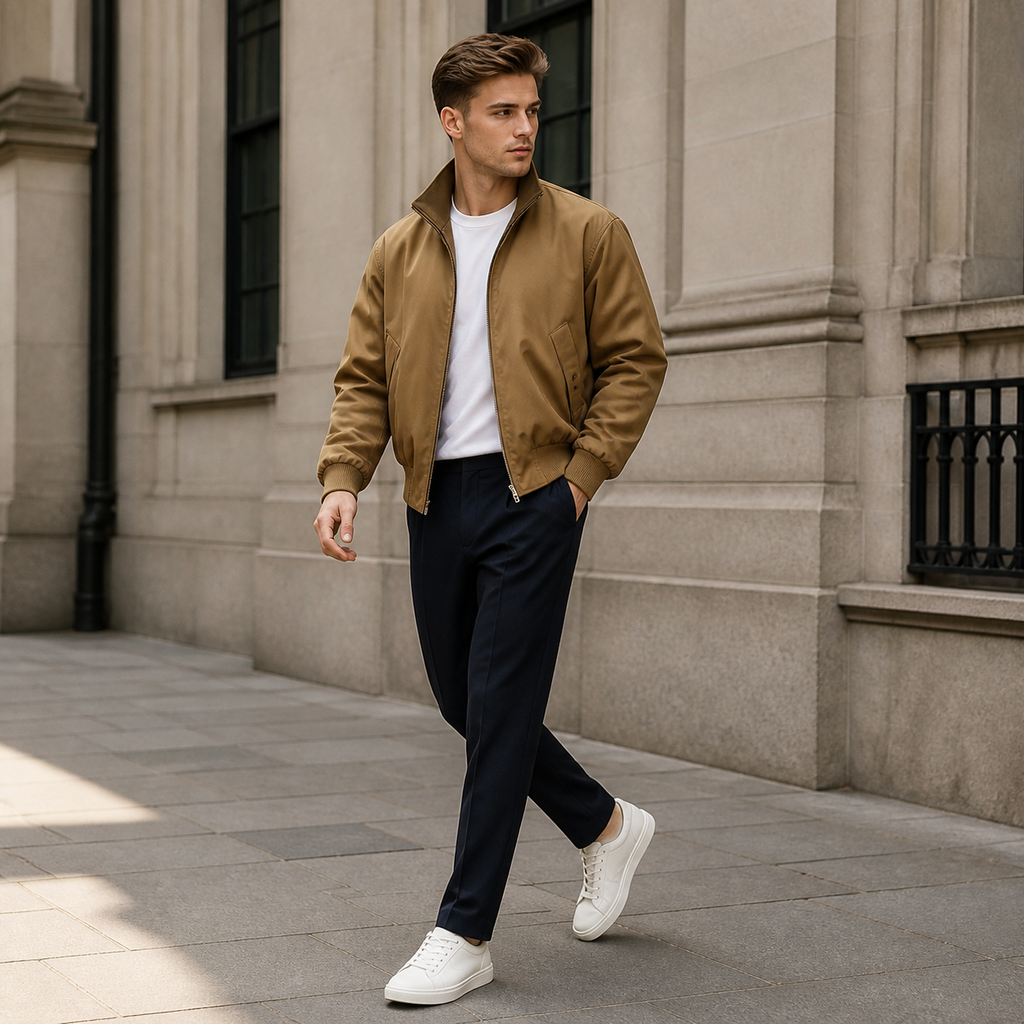Khaki stand collar bomber jacket worn outdoors in a walking lifestyle pose.