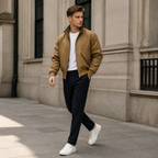 Khaki stand collar bomber jacket worn outdoors in a walking lifestyle pose.