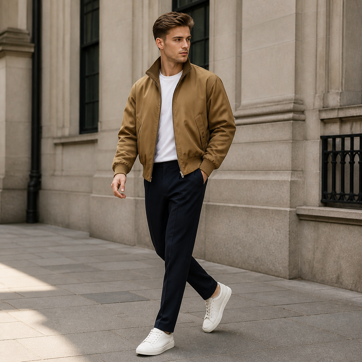 Khaki stand collar bomber jacket worn outdoors in a walking lifestyle pose.