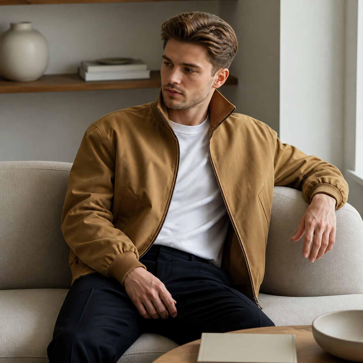Khaki stand collar bomber jacket worn seated indoors in a relaxed lifestyle pose.
