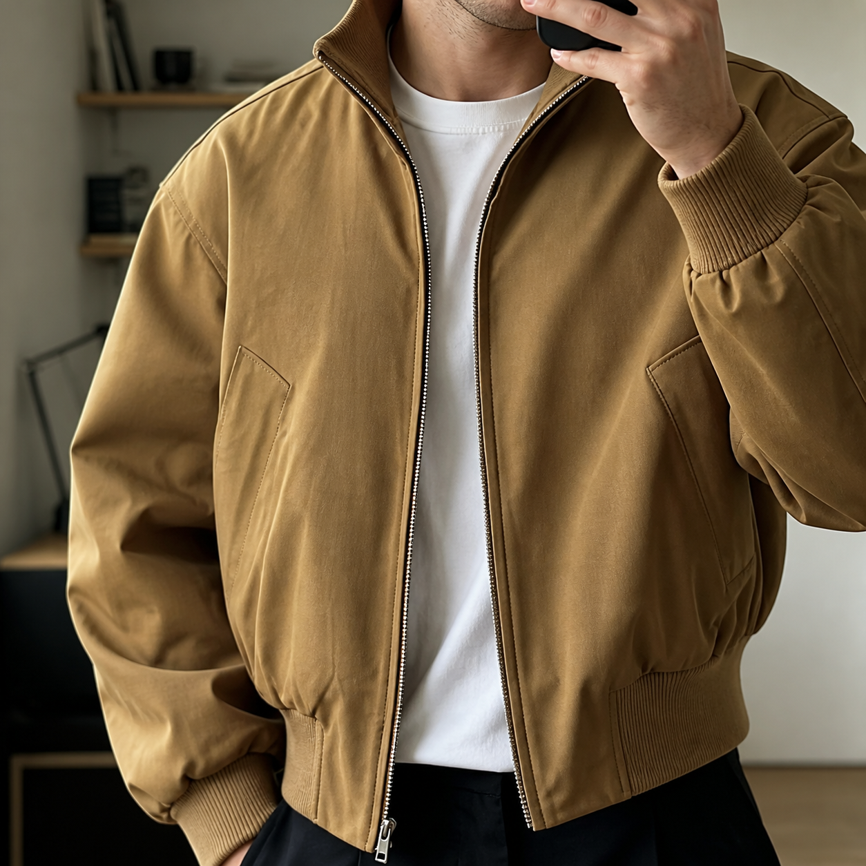 Close-up of the khaki bomber jacket stand collar, zipper, pockets and ribbed cuffs.