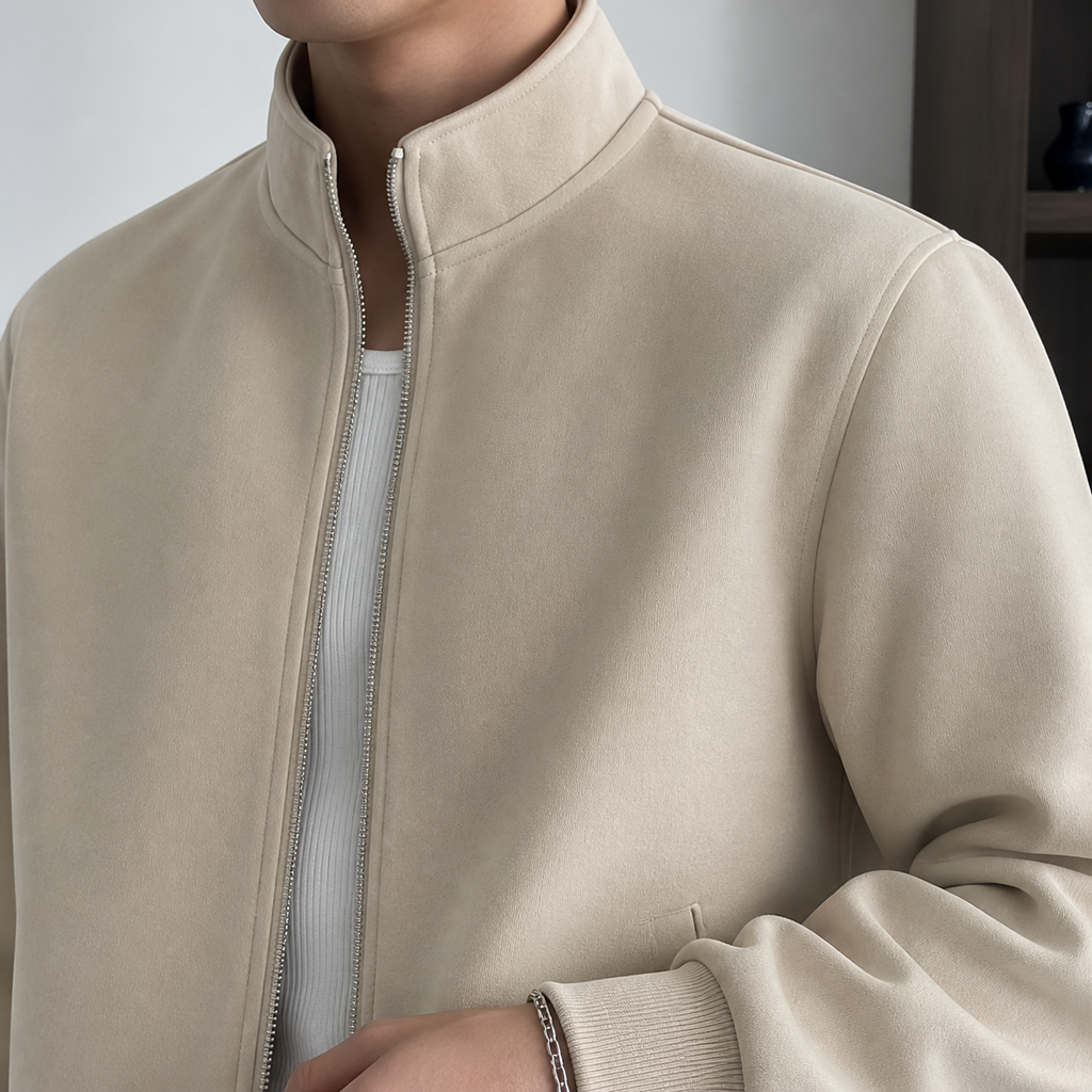 Close-up of the apricot stand collar jacket zipper, collar and smooth finish.