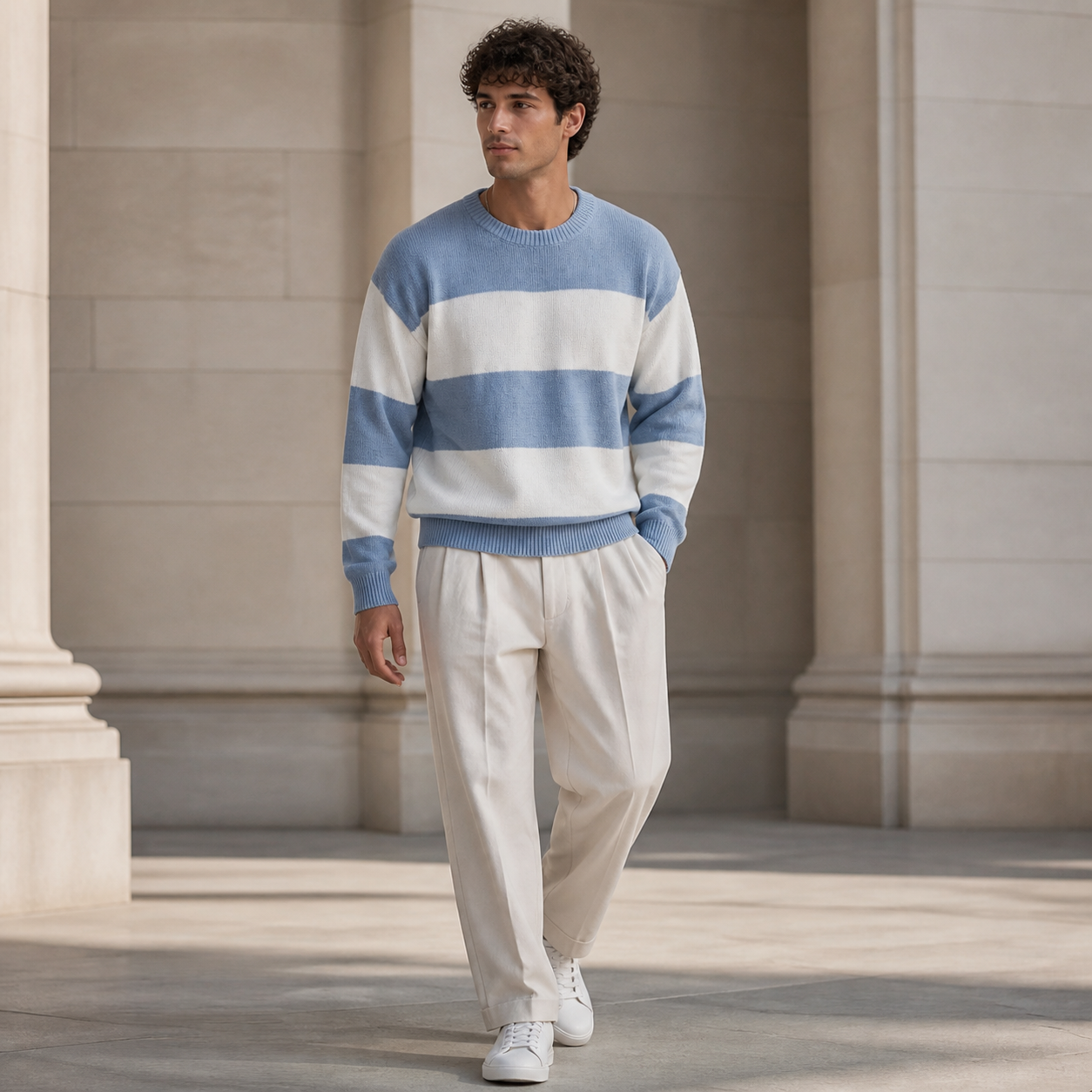 Light blue striped crew neck sweater worn outdoors in a walking lifestyle pose.