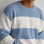Close-up of the light blue striped crew neck sweater neckline, stripes and knit texture.