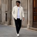Khaki waffle knit casual jacket worn outdoors in a walking lifestyle pose.