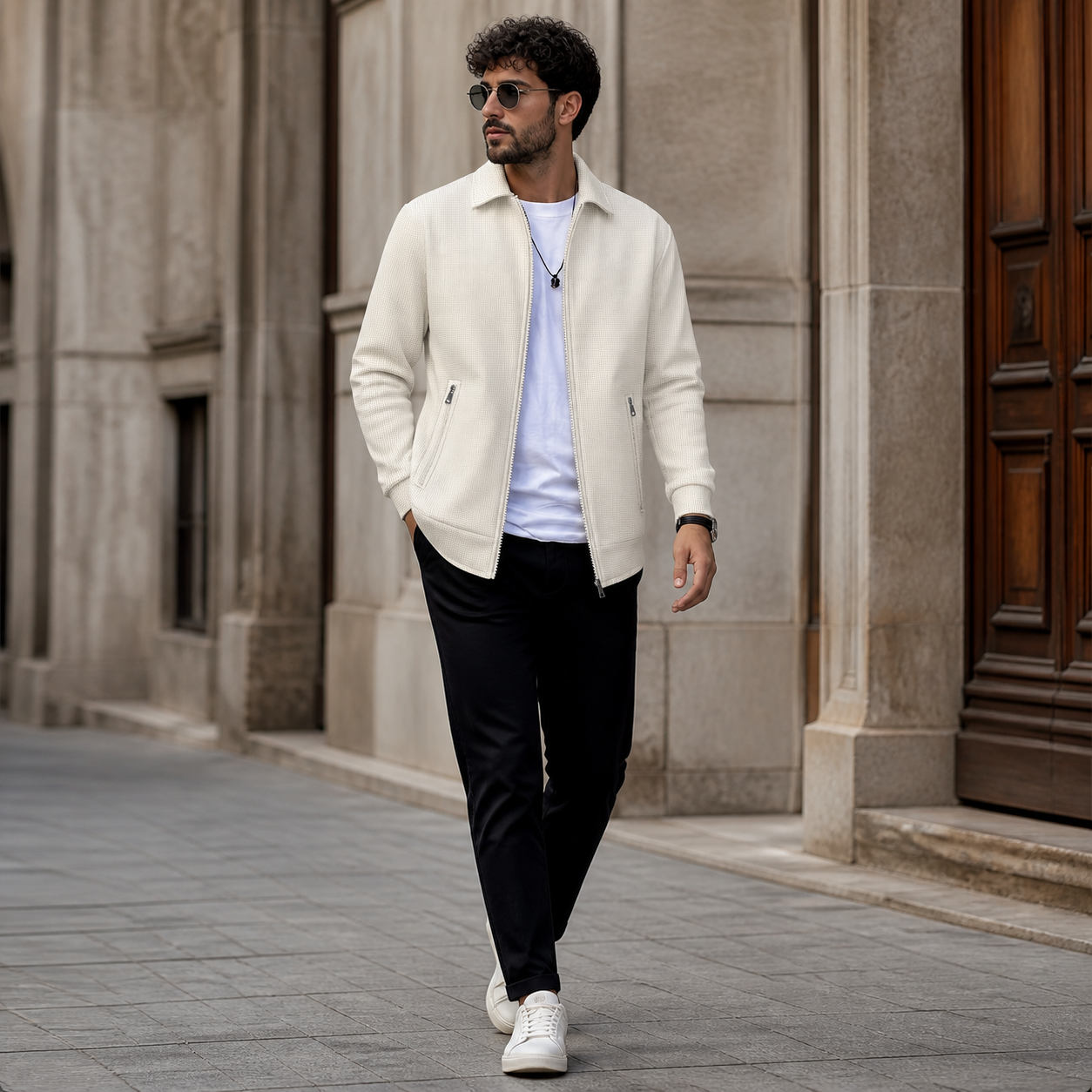 Khaki waffle knit casual jacket worn outdoors in a walking lifestyle pose.
