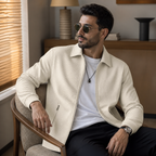 Khaki waffle knit casual jacket worn seated indoors in a relaxed lifestyle pose.