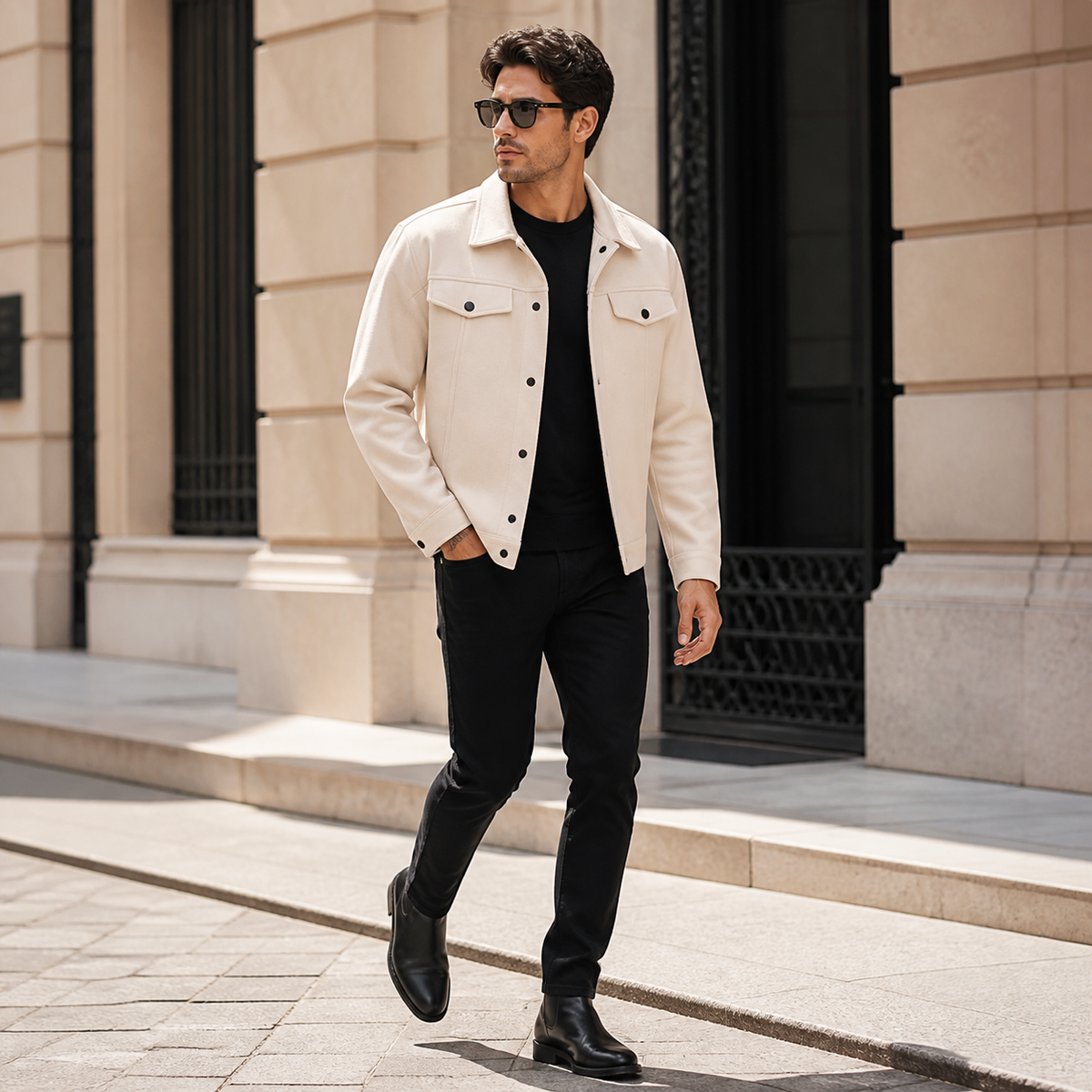 Apricot relaxed fit trucker jacket worn outdoors in a walking lifestyle pose.