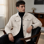 Apricot relaxed fit trucker jacket worn seated indoors in a relaxed lifestyle pose.
