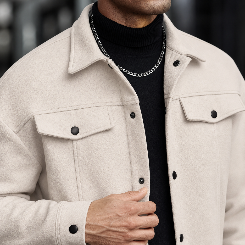 Close-up of the apricot trucker jacket collar, chest pockets, buttons and soft texture.