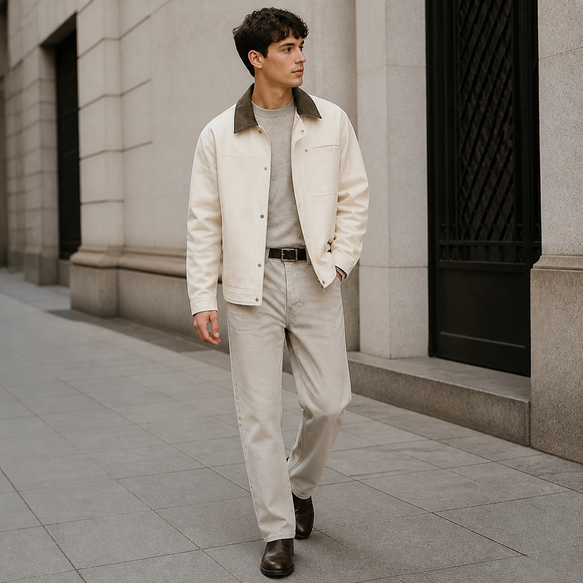 Off white work trucker jacket worn outdoors in a walking lifestyle pose.
