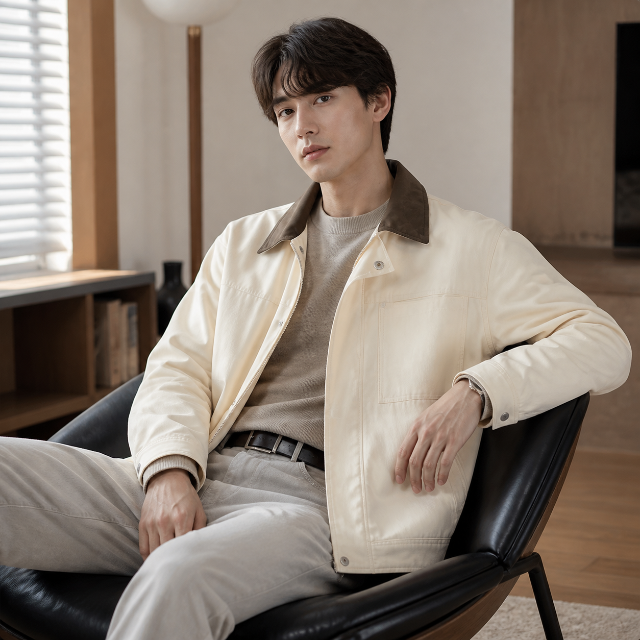 Off white work trucker jacket worn seated indoors in a relaxed lifestyle pose.
