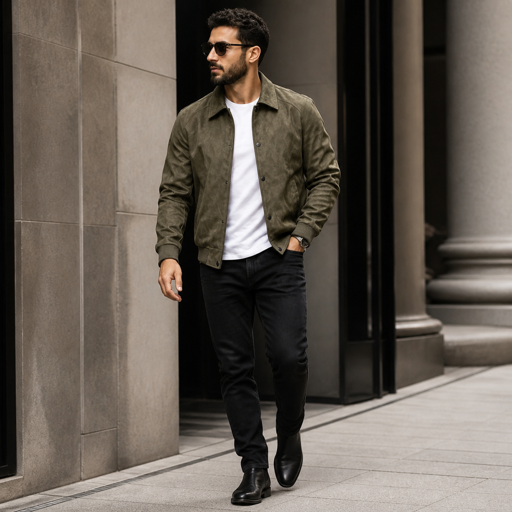 Military green suede look workwear jacket worn outdoors in a walking lifestyle pose.