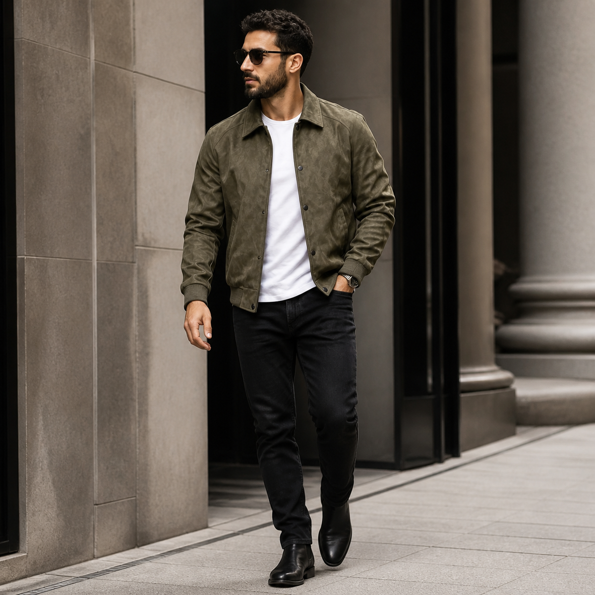 Military green suede look workwear jacket worn outdoors in a walking lifestyle pose.