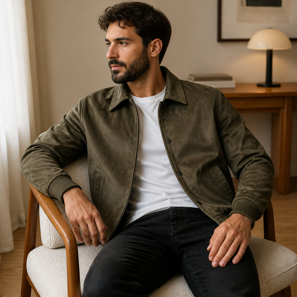 Military green suede look workwear jacket worn seated indoors in a relaxed lifestyle pose.