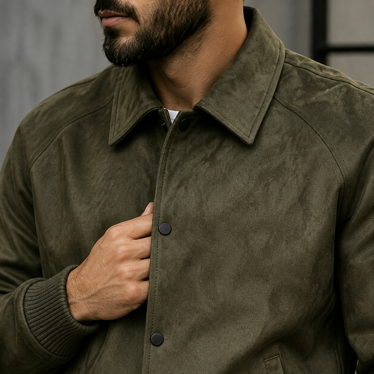 Close-up of the military green workwear jacket collar, button front and suede look texture.