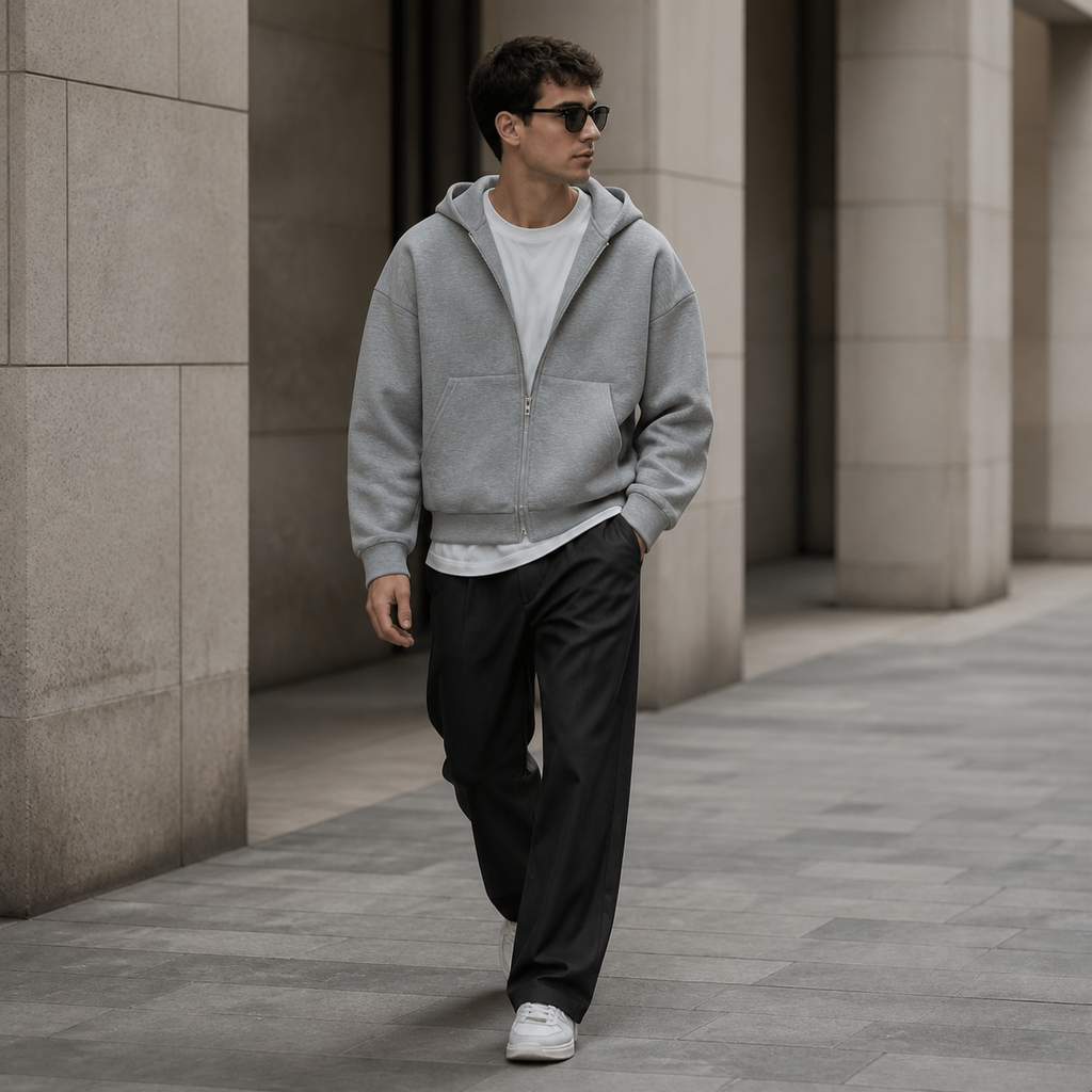 Light grey soft jersey zip up hoodie worn outdoors in a walking lifestyle pose.