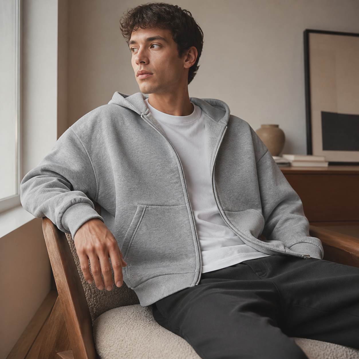 Light grey soft jersey zip up hoodie worn seated indoors in a relaxed lifestyle pose.
