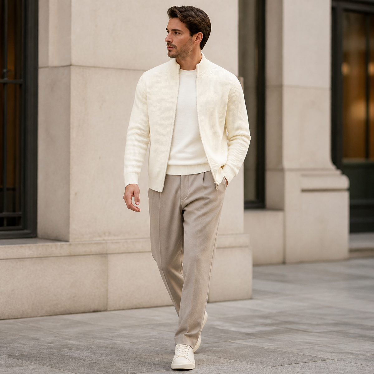 White ribbed zip up knit cardigan worn outdoors in a walking lifestyle pose.
