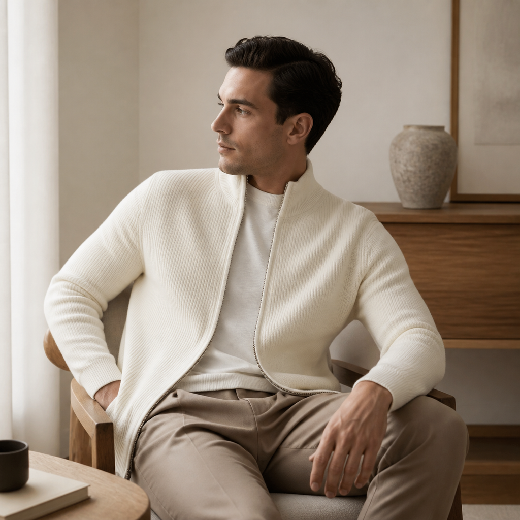 White ribbed zip up knit cardigan worn seated indoors in a relaxed lifestyle pose.
