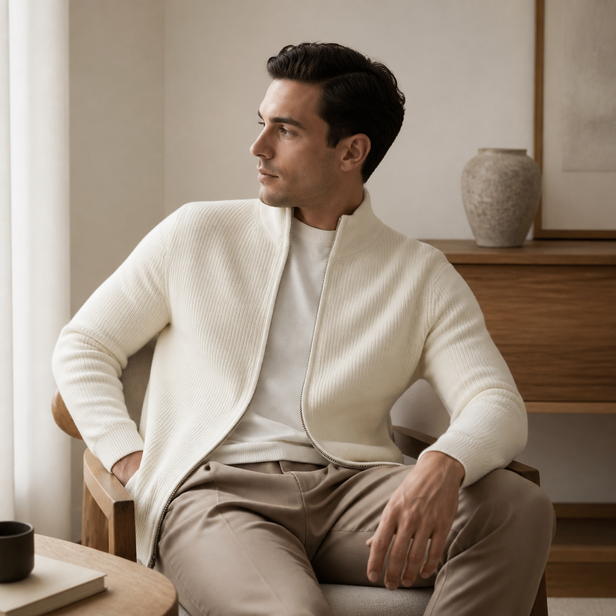White ribbed zip up knit cardigan worn seated indoors in a relaxed lifestyle pose.