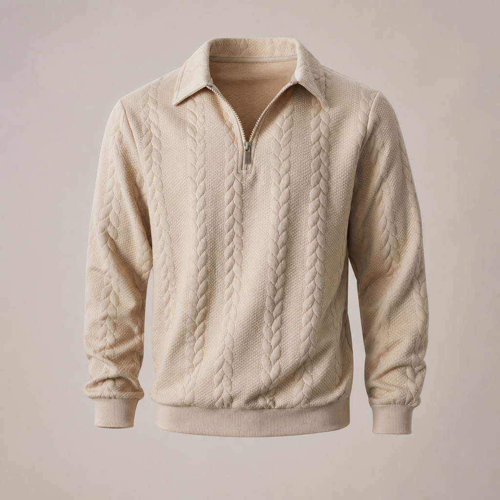 Linen half zip cable knit sweater shown from the front.