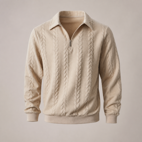 Linen half zip cable knit sweater shown from the front.